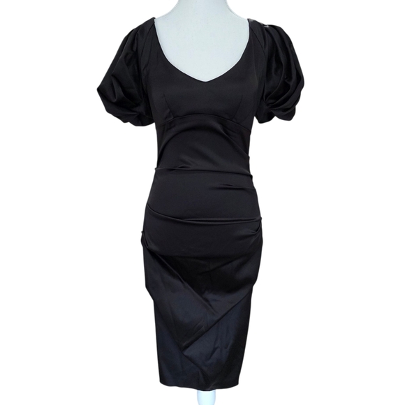 NWT Cache Satin Elegant Black Puff Sleeve Midi Dress Size 6 - Picture 2 of 10